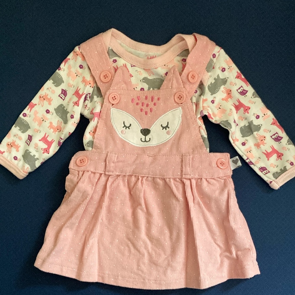 Little Joy Baby Girl 0-3 months 2 piece pink corduroy jumper outfit